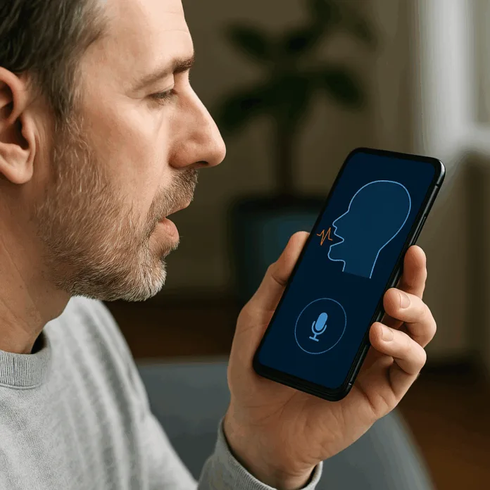 Middle-aged man using a voice restoration app on a smartphone to simulate speech after cancer treatment. Middle-aged man using a voice restoration app on a smartphone to simulate speech after cancer treatment.