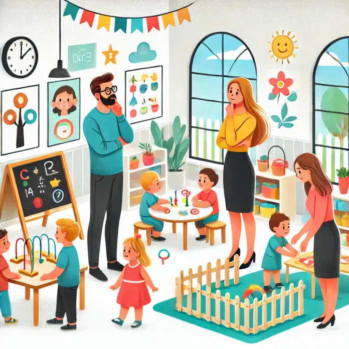 DALL·E 2025-03-20 10.20.02 - An informative and engaging illustration depicting parents visiting a preschool, observing a teacher interacting with young children in a bright, welc