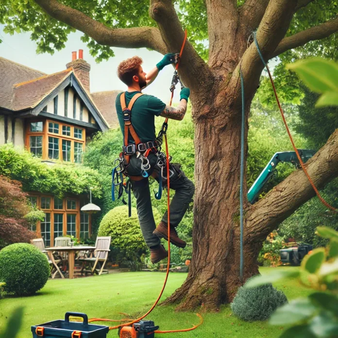 DALL·E 2025-03-20 10.39.04 - A professional tree surgeon in Abridge carefully trimming a large tree using safety harnesses and specialized equipment. The scene showcases a well-ma