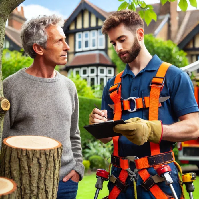DALL·E 2025-03-20 11.05.32 - A professional tree surgeon in North London assessing a tree in a well-maintained residential garden. The tree surgeon is wearing safety gear, using e