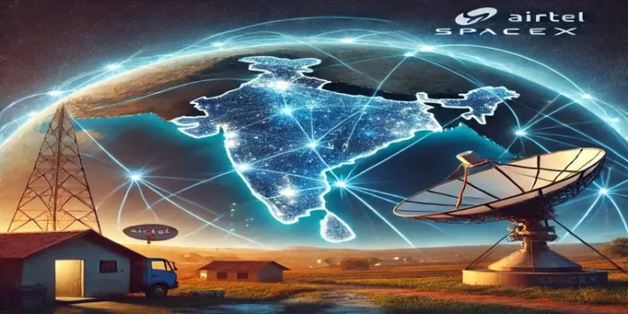 Elon Musk's SpaceX and Airtel logos with satellite orbiting Earth, representing Starlink launch in India