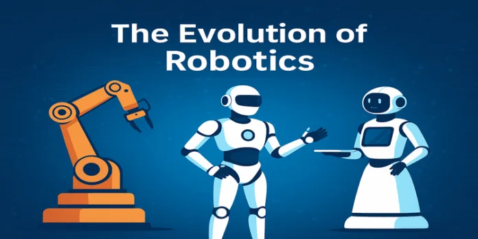 The_Evolution_of_Robotics A digital illustration showing the evolution of robotics from industrial robotic arms to humanoid service robots, symbolizing advancements in modern technology.
