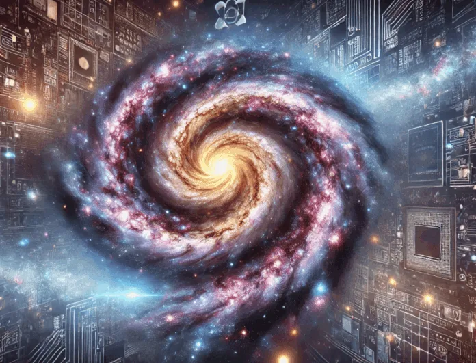 universe-is-a-giant-computer Artistic visualization of a galaxy resembling a computer circuit, symbolizing the theory that the universe is a giant computer