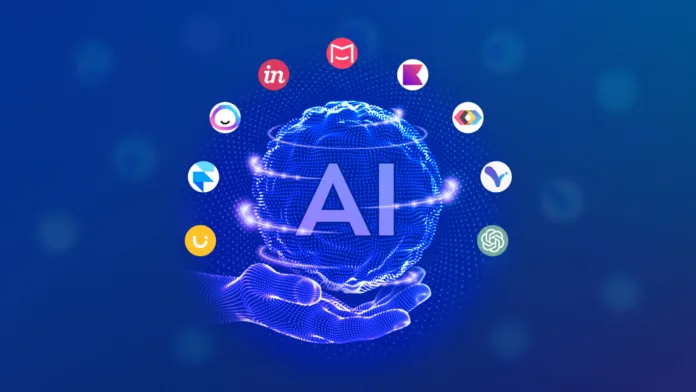 AI-Powered-Design-Revolution AI-powered design tools represented by a glowing digital sphere with platform logos surrounding it