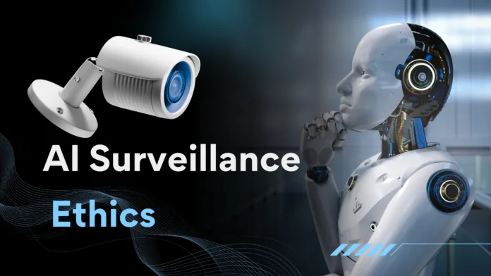 AI-Surveillance-Ethics A humanoid robot in a thinking pose looks at a surveillance camera, with the text "AI Surveillance Ethics" displayed beside them.