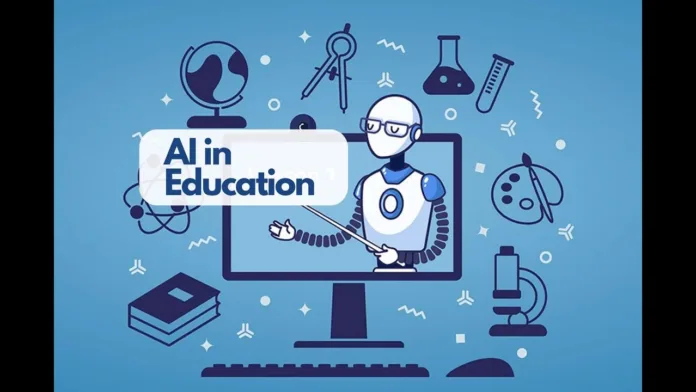Illustration of artificial intelligence teaching in a digital classroom, representing AI in education and modern learning technologies.