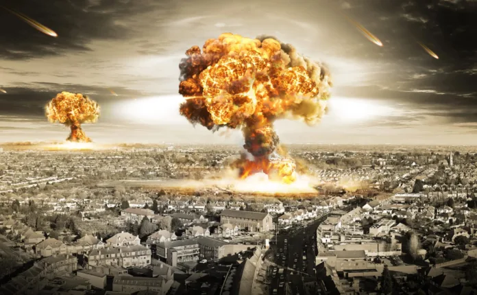 Consequences-of-Nuclear-War Mushroom clouds rise over a cityscape during a nuclear explosion, symbolizing the devastating consequences of nuclear war.