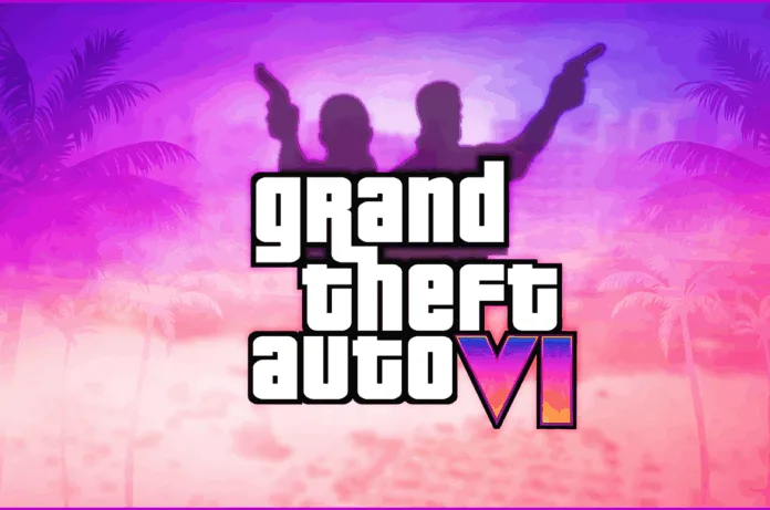 Grand-Theft-Auto-VI Grand Theft Auto VI logo with tropical background and silhouetted characters