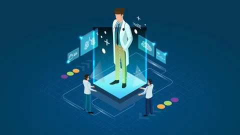 Healthcare_Role_of_Artificial_Intelligence_ Holographic AI-powered virtual doctor assisting two medical professionals with diagnostic and treatment data.