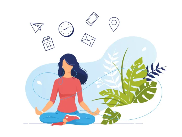 Mental-Relaxation-Techniques Illustration of six techniques to reduce stress including daily moderate exercise, mindfulness meditation, progressive muscle relaxation, yoga, visualization, and slow deep breathing.