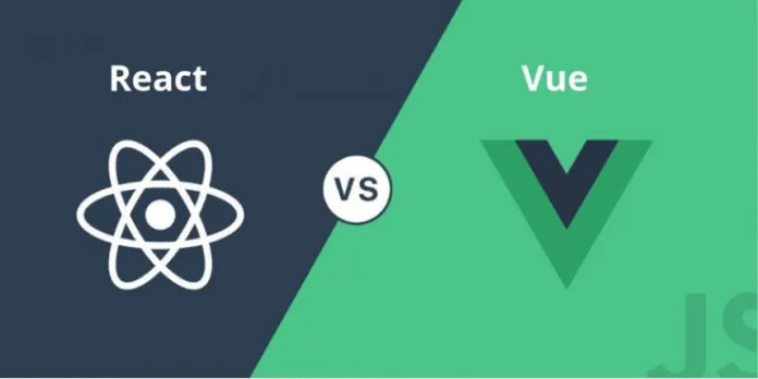 React vs Vue comparison graphic showing logos of both JavaScript frameworks split diagonally.