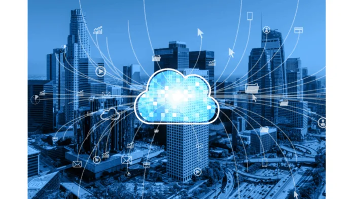 The-Chronicles-of-Edge-Computing-Representational-Image.-Image-by-Freepik-1024x576 Digital illustration of a cloud computing network overlaying a city skyline, symbolising cloud data connectivity and edge technology.