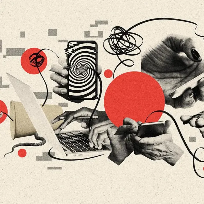 The-Dark-Side-of-Viral-AI-Misinformation Collage of digital devices symbolizing the chaos of viral AI misinformation and social media manipulation