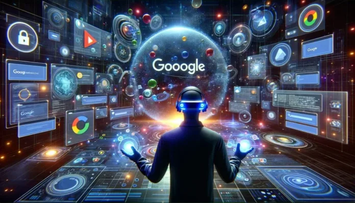 The-Future-of-the-Internet Person in VR headset interacting with a futuristic digital interface filled with Google apps, data visualizations, and holographic screens.