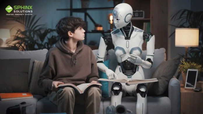 ai-in-education AI tutor assisting a student with personalized learning in a smart classroom setting.
