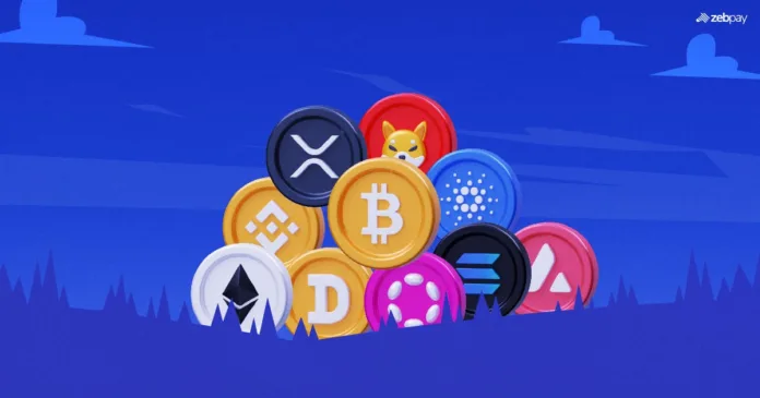 blockchain-applications-beyond-cryptocurrency A colorful illustration of various popular cryptocurrency logos including Bitcoin, Ethereum, Binance Coin, Dogecoin, and others, stacked against a blue night-themed background.