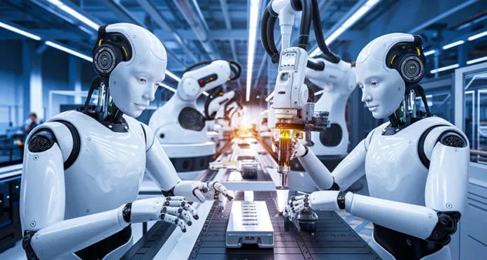 future-of-manufacturing Humanoid robots working on an automated assembly line in a smart manufacturing facility