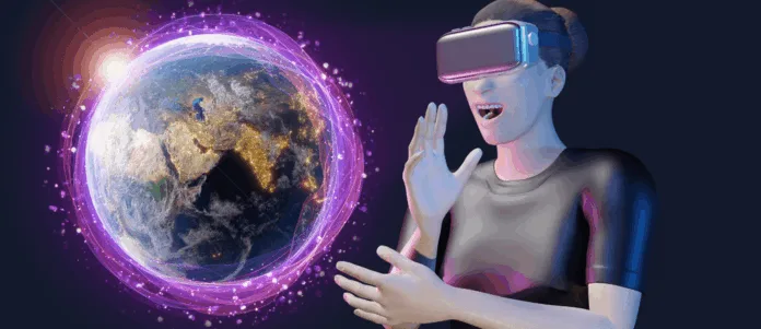 Person using VR headset interacting with a digital Earth, representing the metaverse in 2025.