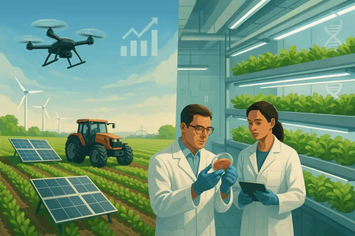 sustainable-food-technology Illustration of sustainable food technology featuring smart farming with drones and solar panels alongside lab-grown food research in a vertical farming lab.