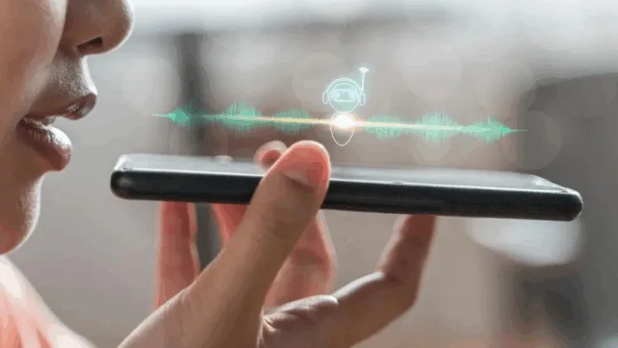 voice technology Person using voice technology on smartphone with AI assistant interface visualization.