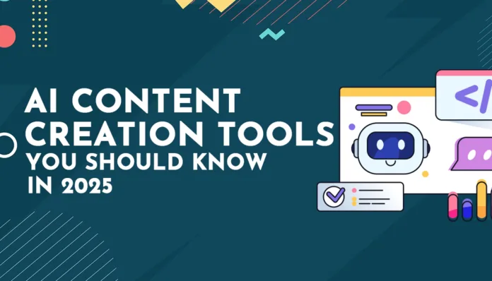 AI-tools-for-content-creators-in-2025 Modern graphic showing AI content creation tools to know in 2025, including chatbot icons and digital interface elements on a dark background.