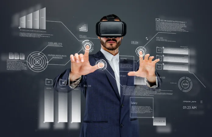 Male with virtual reality glasses. Businessman using metaverse and virtual reality interface for corporate data visualization and workplace innovation