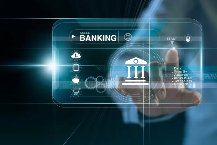 Cybersecurity in Indian Banking Top Threats You Must Know in 2025 Futuristic digital interface of online banking with icons representing cloud storage, mobile banking, savings, and cybersecurity.