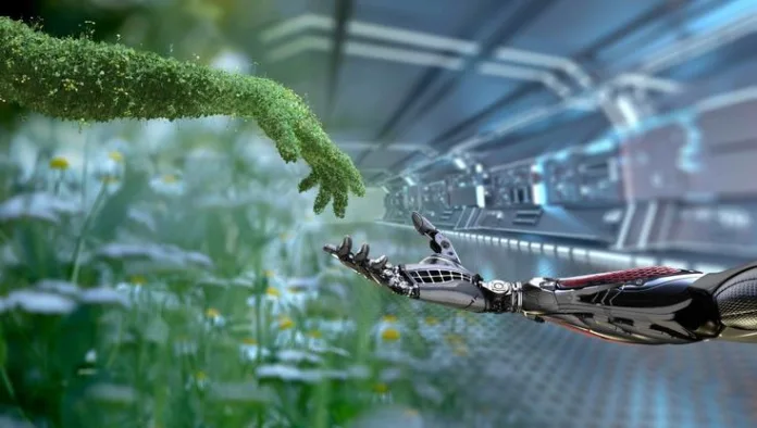 Green-Tech-Sustainability A green, plant-covered hand reaches towards a metallic, robotic hand, symbolizing the intersection of nature and technology.