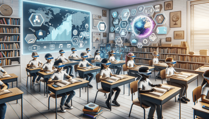 Holographic Classrooms Student attending a virtual class with a 3D holographic teacher in a futuristic classroom setup.