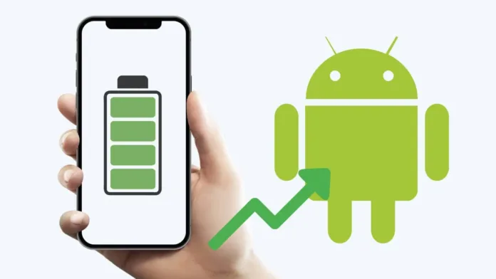 Hand holding smartphone with full battery icon next to Android logo and upward green arrow.