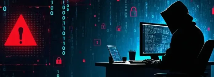 “Massive Cyberattack Hits South American Banking Network – Lessons for the World” Hacker in a dark room coding on multiple screens with digital warning icons and binary code in the background, representing a cyberattack.