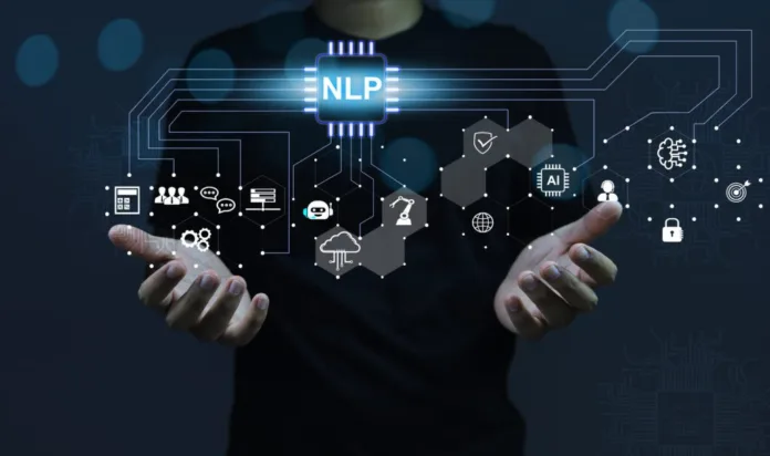 Natural Language Processing in Business Communication Businessman using Natural Language Processing (NLP) technology with futuristic AI and communication icons for enhanced business communication.