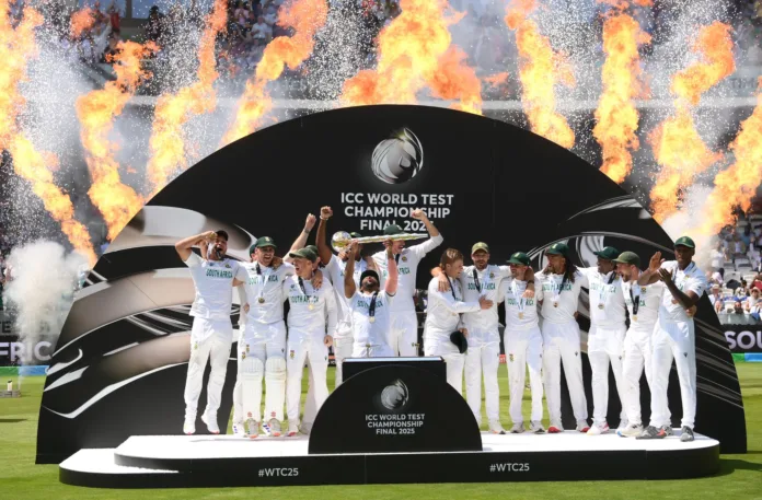 South-Africa-WTC-Champions South Africa cricket team celebrates ICC World Test Championship 2025 victory with trophy and fireworks.