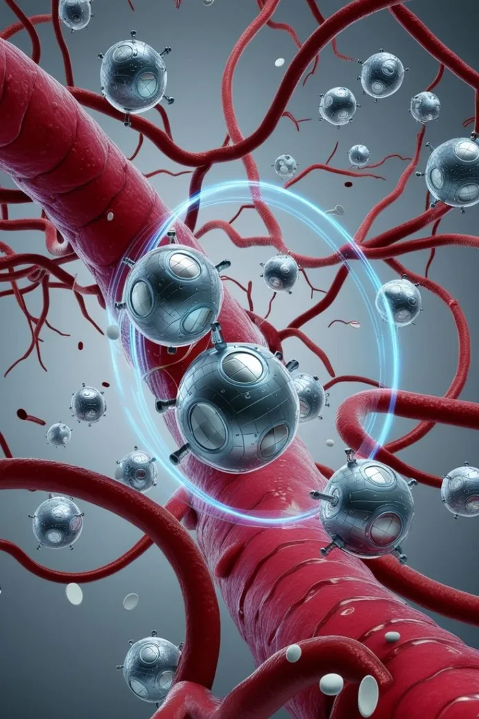 The-DNA-Glitch A 3D rendering of futuristic, spherical nanobots traveling through a network of human blood vessels, representing the concept of medical nanotechnology or in-vivo human gene editing.