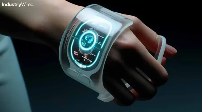 The-Future-of-Wearable-Technology-Trends-and-Innovations Futuristic wearable technology smart wrist device with digital health interface
