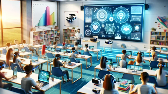 The-Impact-of-Technology-in-Modern-Classrooms Students using digital devices and VR headsets in a smart classroom, guided by a teacher with AI-powered learning tools on display.