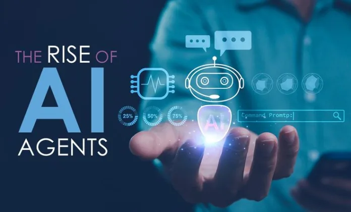 The-Rise-of-AI-Agents A robotic hand holding a glowing orb containing a futuristic city skyline, a green tree, and the text “AI” — symbolizing the rise of artificial intelligence and sustainable urban development