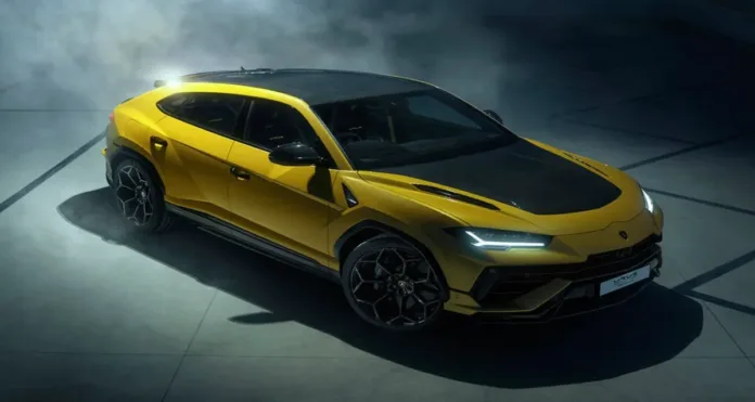 Top 10 New Cars Launching in 2025 Yellow Lamborghini Urus 2025 model in a dark studio with headlights on, showcasing its bold and sporty design.