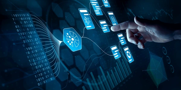 aidriven-workflow-automating-data-management-600nw-2428568631 Hand interacting with a digital big data analytics interface showing data flow, graphs, and AI icons.