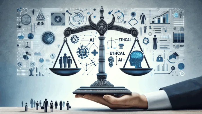 article images A balanced scale showing ethical AI versus human values, symbolising AI ethics and responsibility in 2025.