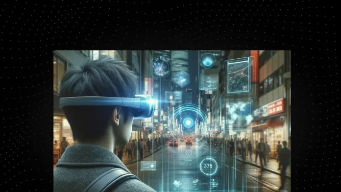 augmented reality in business Person using augmented reality headset to view digital data in a business environment