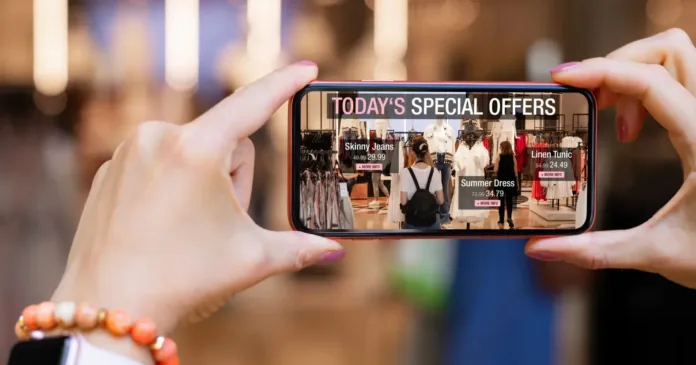 Customer using augmented reality on smartphone to explore in-store shopping offers Customer using augmented reality on smartphone to explore in-store shopping offers