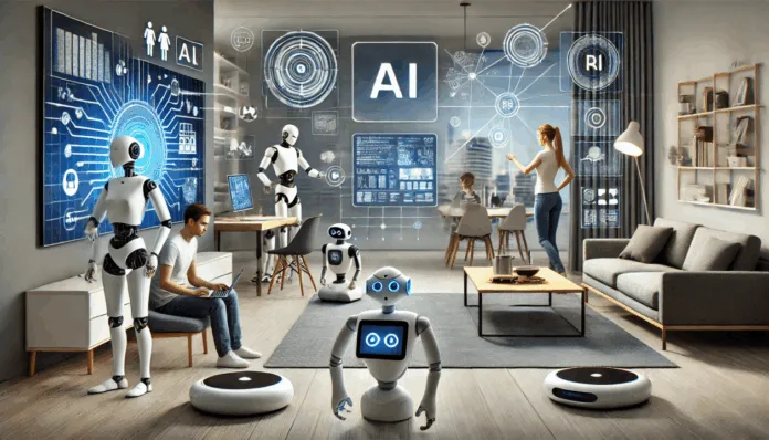 home-robots-revolutionise-daily-living Smart robots assisting humans in a modern AI-powered home and workspace environment