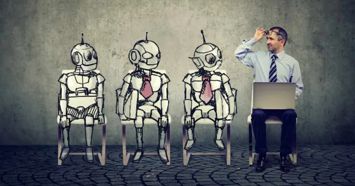 how-to-offset-ai-job-automation-2023 Human competing with robots for jobs in an AI-driven workplace environmentHuman competing with robots for jobs in an AI-driven workplace environment