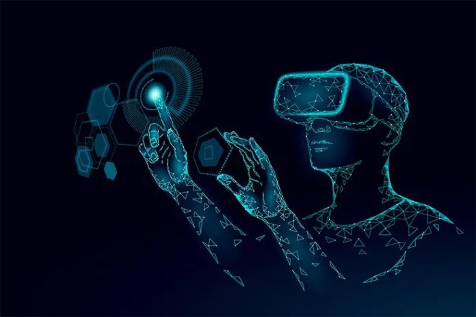 очки ДР Digital illustration of a person in a VR headset interacting with a futuristic user interface in a virtual environment.