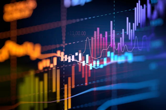 stock market Colorful stock market chart showing fluctuating candlestick and bar patterns with technical indicators.