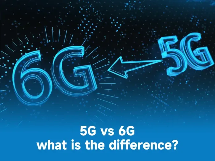 5G-vs-6G-–-what-is-the-difference Infographic comparing 5G and 6G speed, latency, and coverage6G logo concept with high-speed digital data flow background