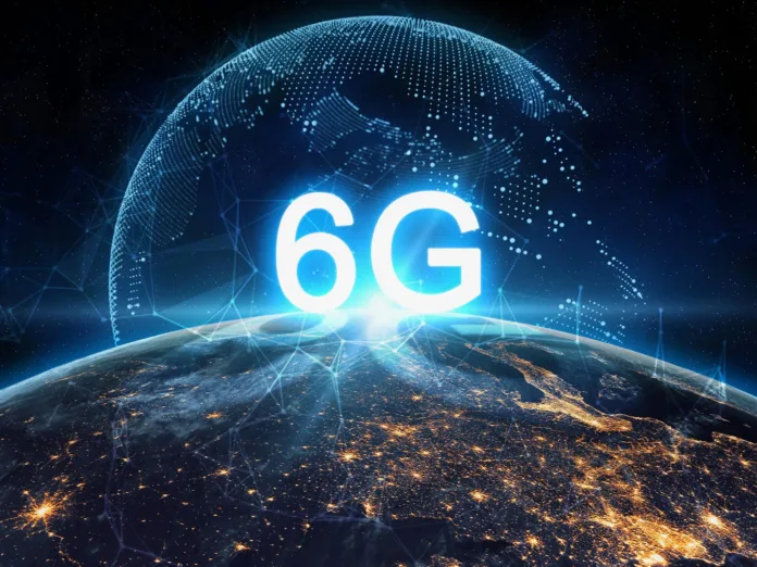 6G technology concept showing futuristic global communication network from space.