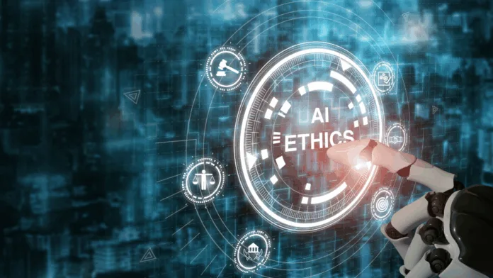 AI and Ethics Robot hand interacting with AI Ethics digital interface on futuristic screen representing artificial intelligence and ethical technology concepts