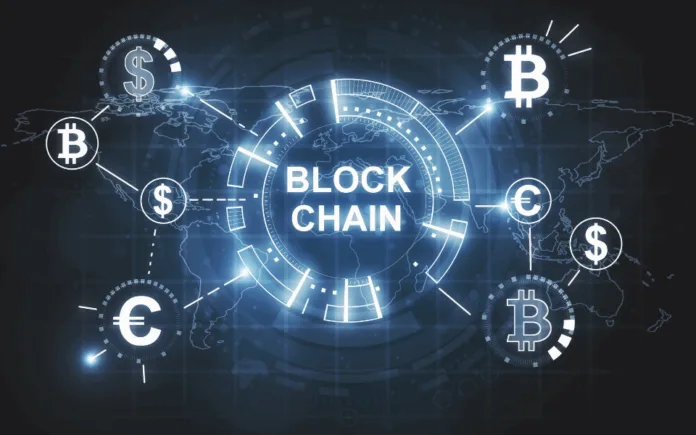 Blockchain Disruption Futuristic blockchain interface showing cryptocurrency and global digital connections symbolizing blockchain disruption beyond finance.